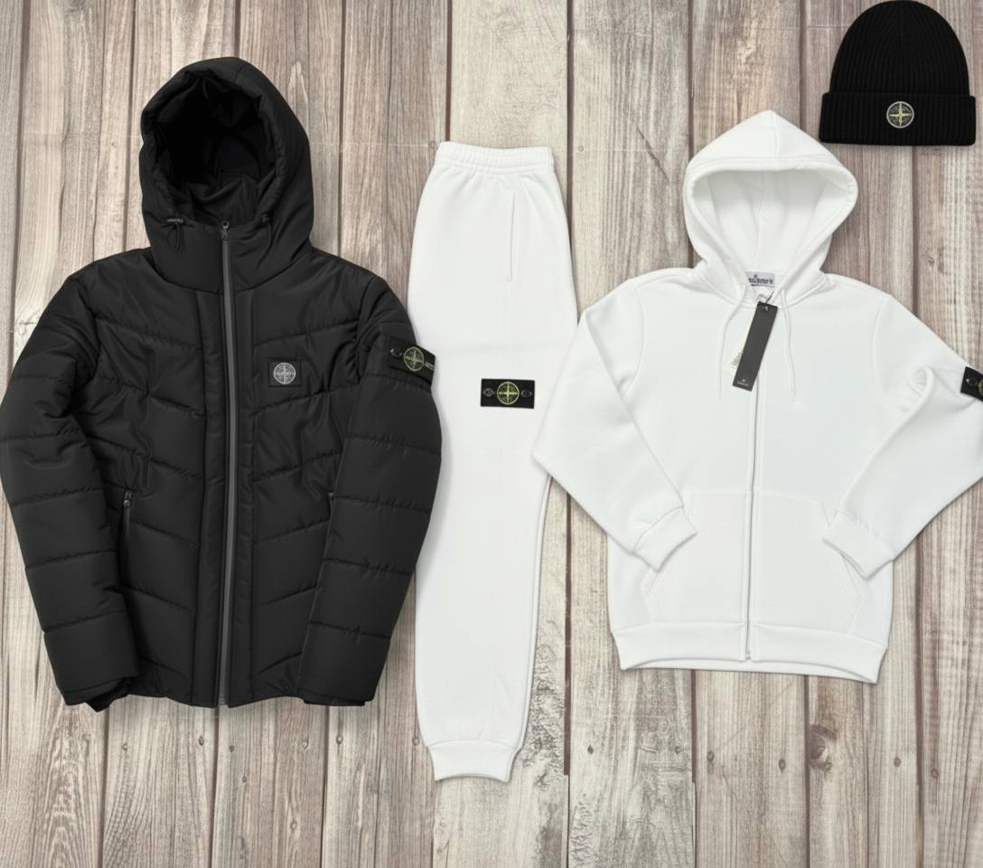 STONE™ Essential Winter Set – Puffer Jacket, Hoodie & Joggers, Beanie